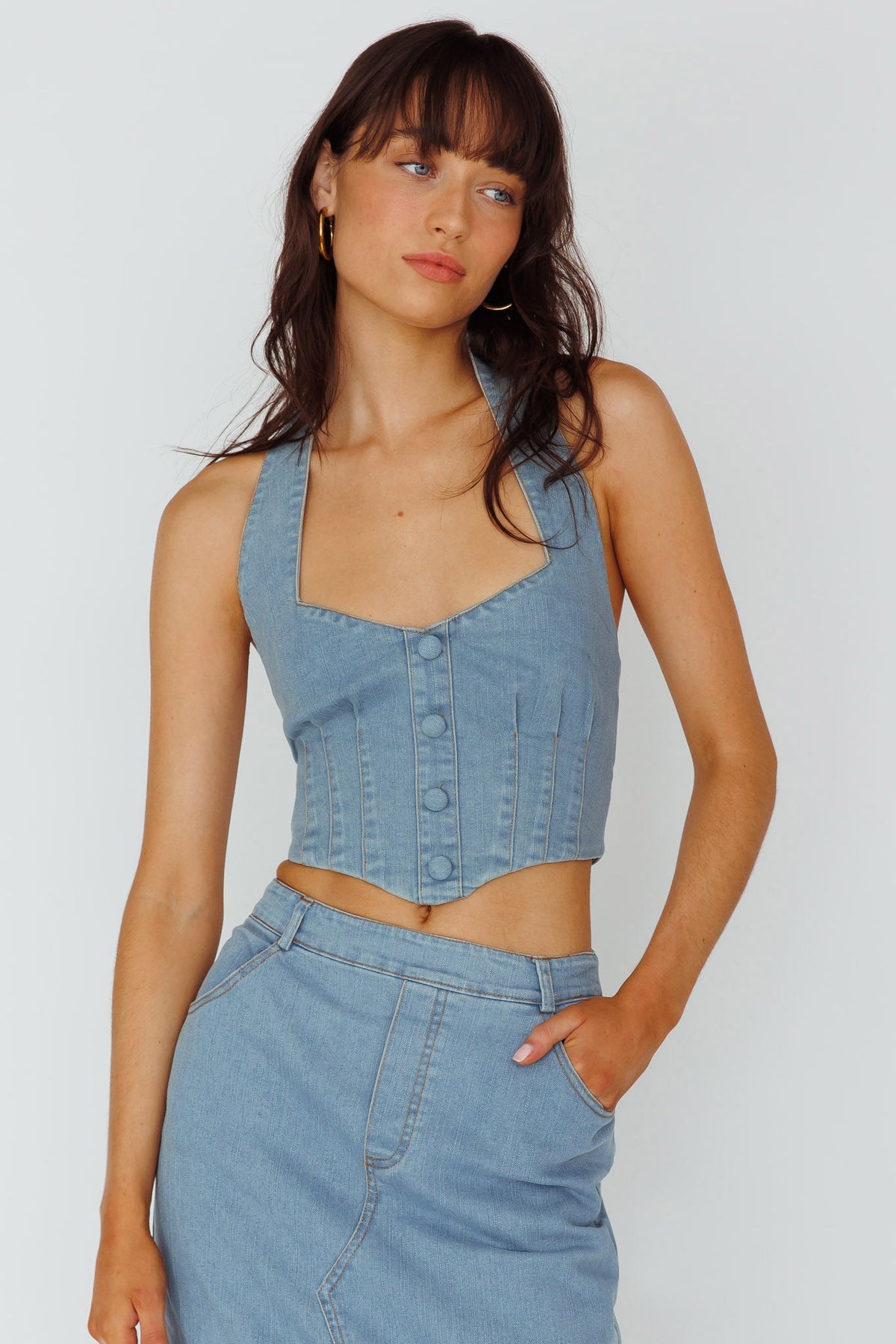 Zurich Halter Crop Top Denim Blue