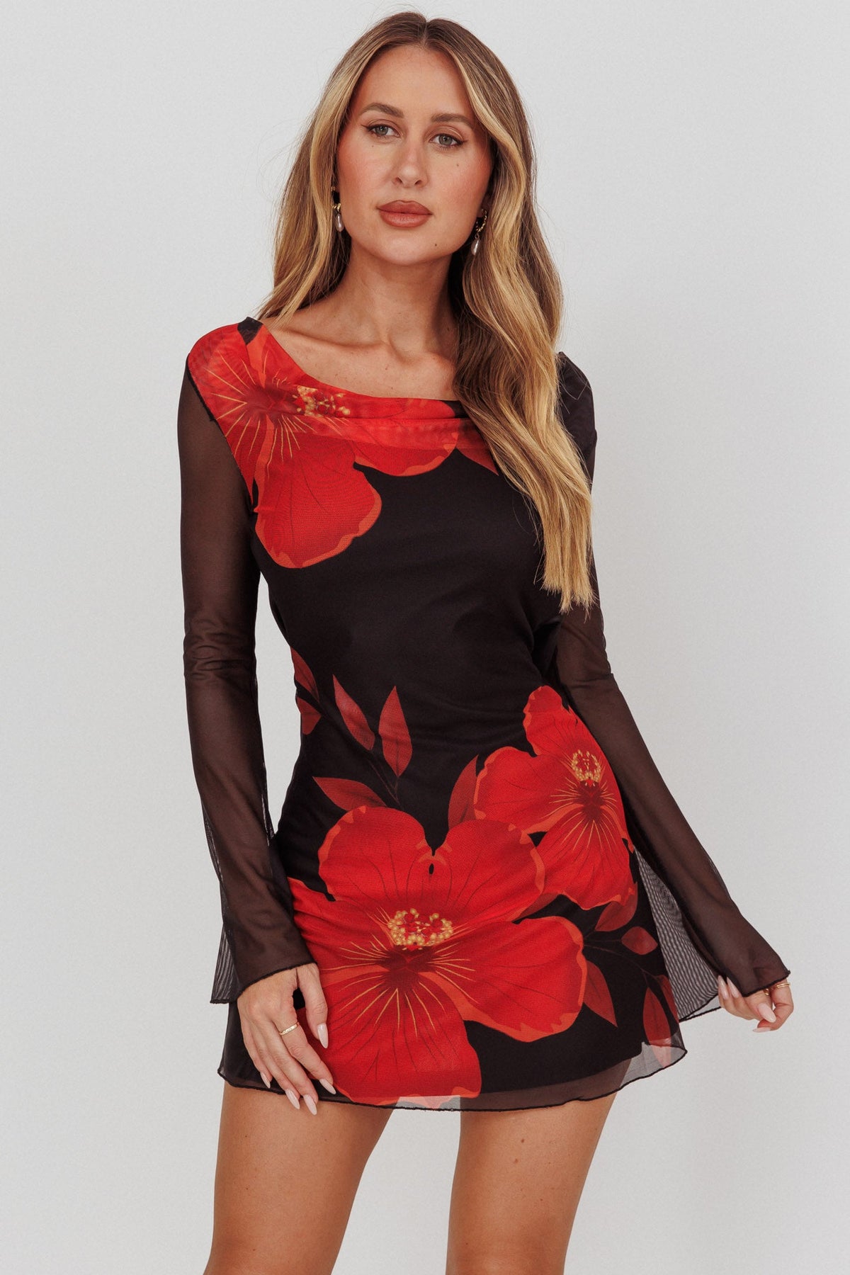 Isabella Long Sleeve Backless Mini Dress Hibiscus Black