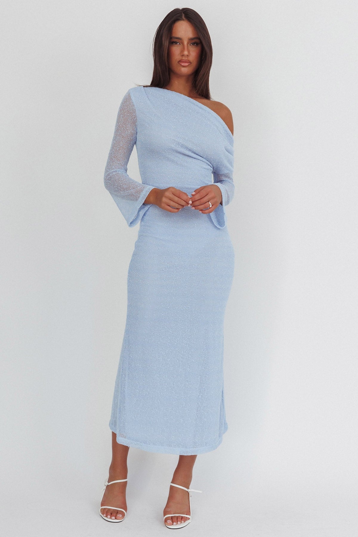 Alivya Asymmetric Neckline Knit Maxi Dress Blue