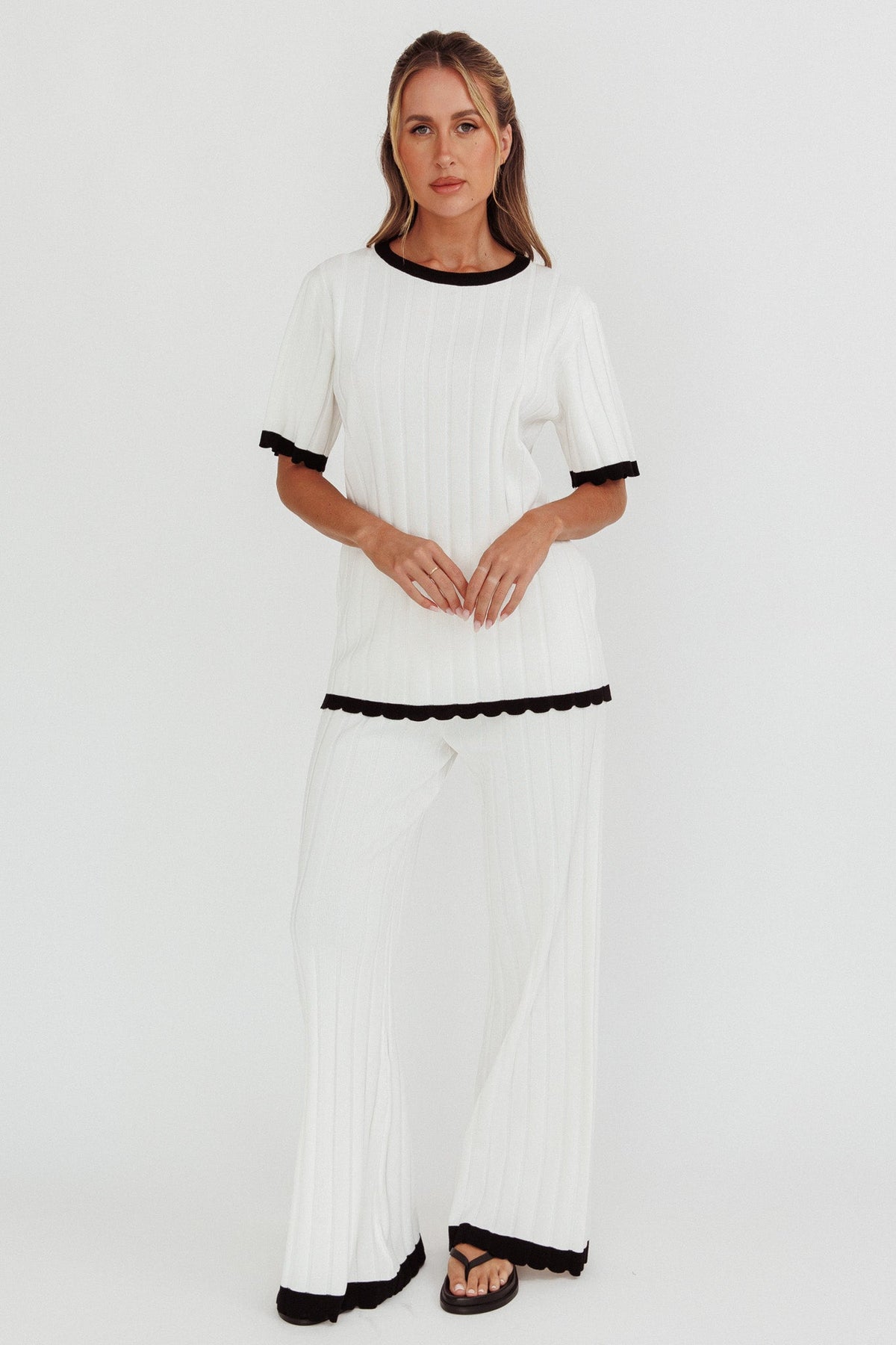 Liloh Contrast Trim Ribbed Knit Pants White