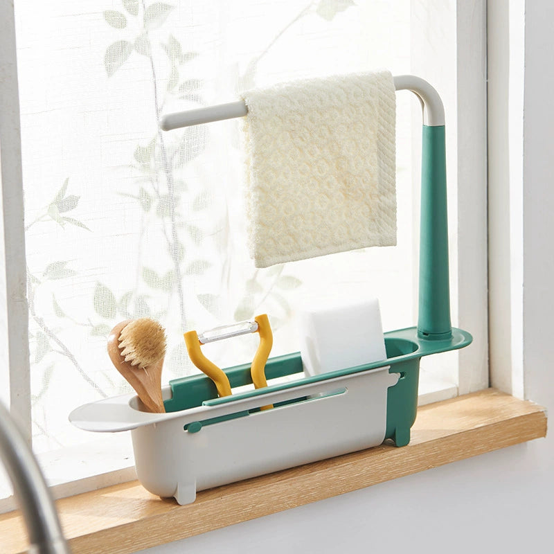 Telescopic Sink Organizer Rack with Towel Bar – Adjustable Over-Sink Caddy for Sponges & Cleaning Supplies