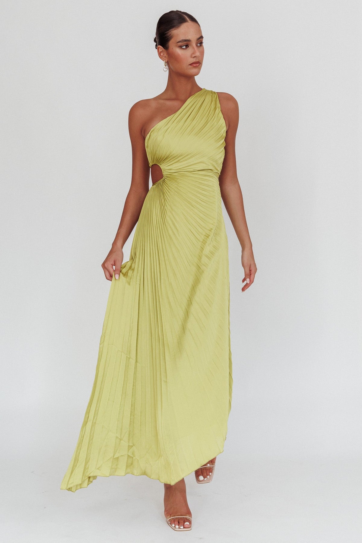 Amelie One-Shoulder Accordion Pleat Maxi Dress Lime