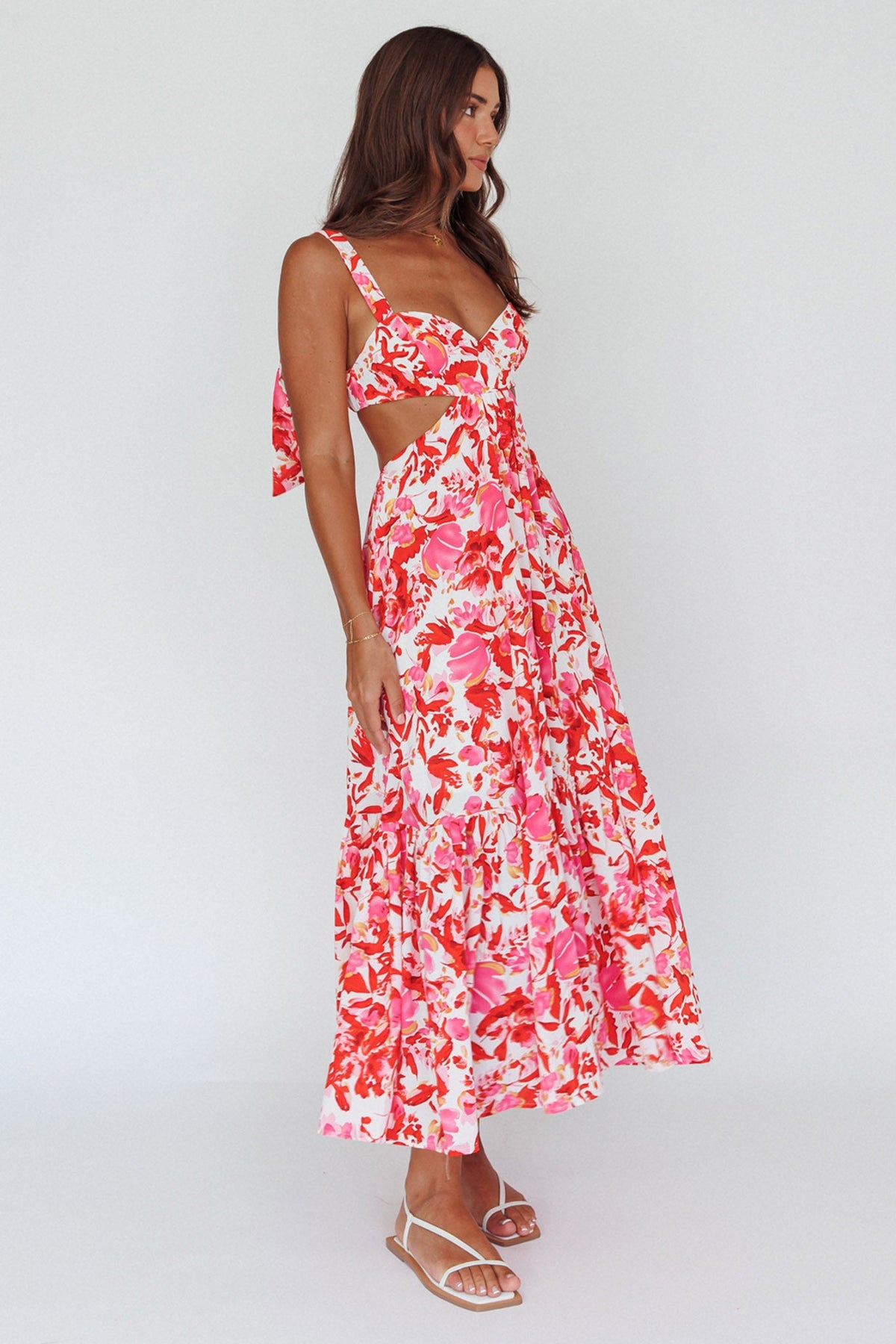 Sun Seeker Tied Shoulder Cut-Out Maxi Dress Floral Red