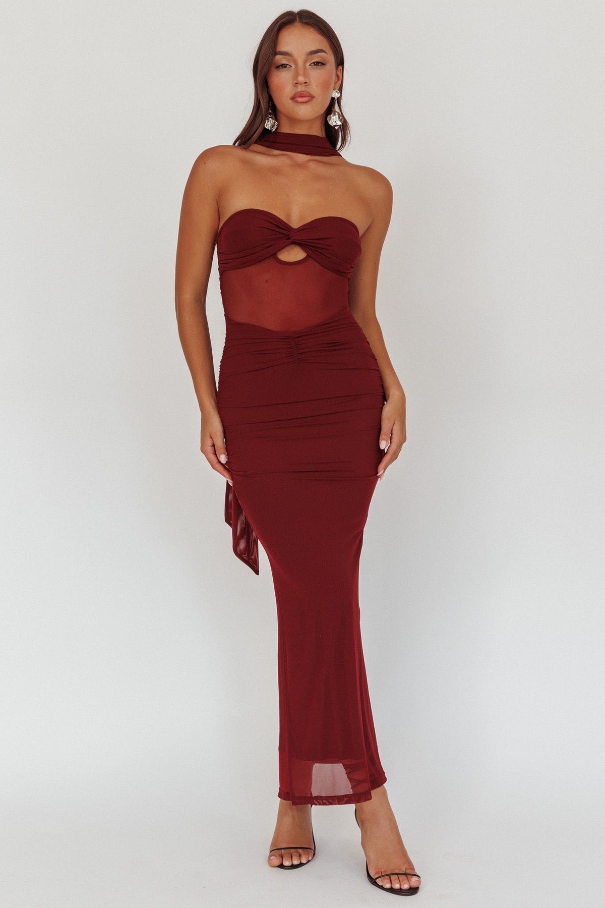 Oliana Strapless Mesh Maxi Dress Wine