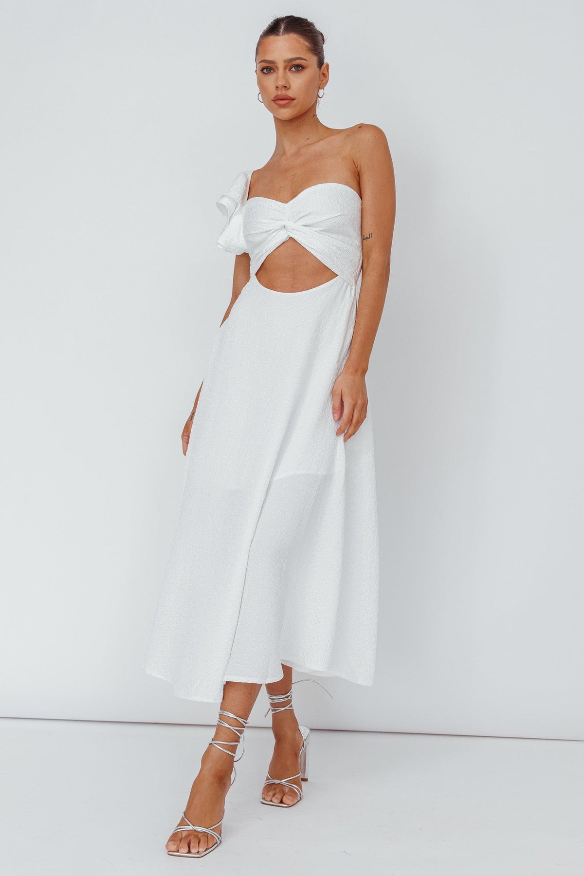 Jolina Ruffle Shoulder Midi Dress White