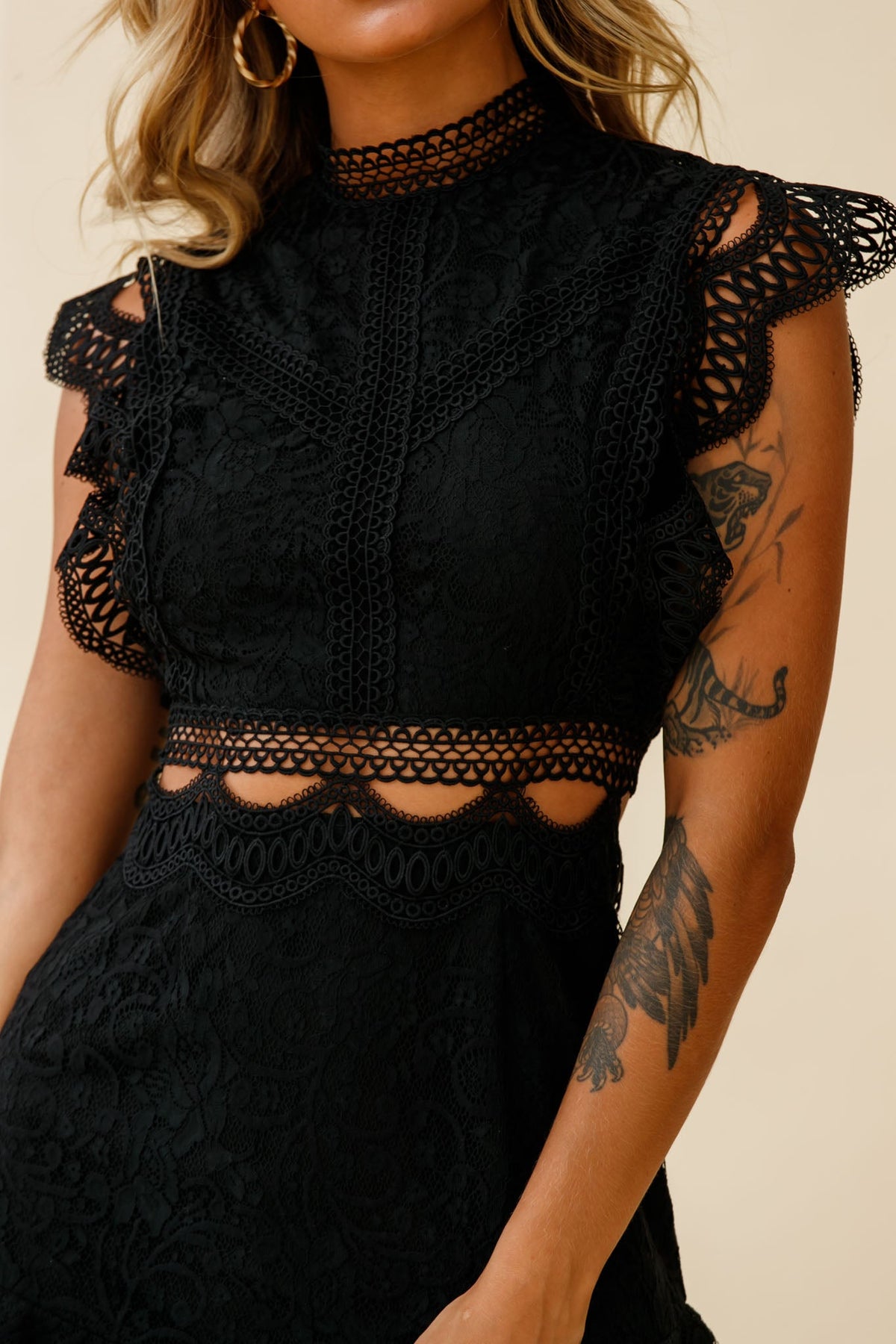 Elisha Crochet Detail Lace Overlay Dress Black