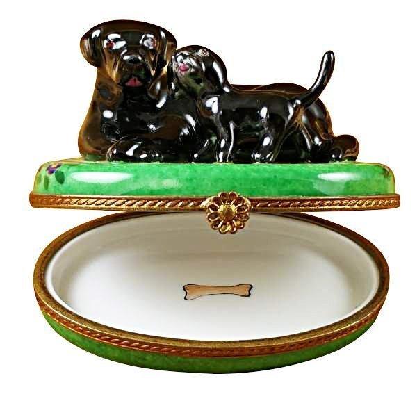 Black Labrador & Puppy limoges box Porcelain Limoges French Trinket Box