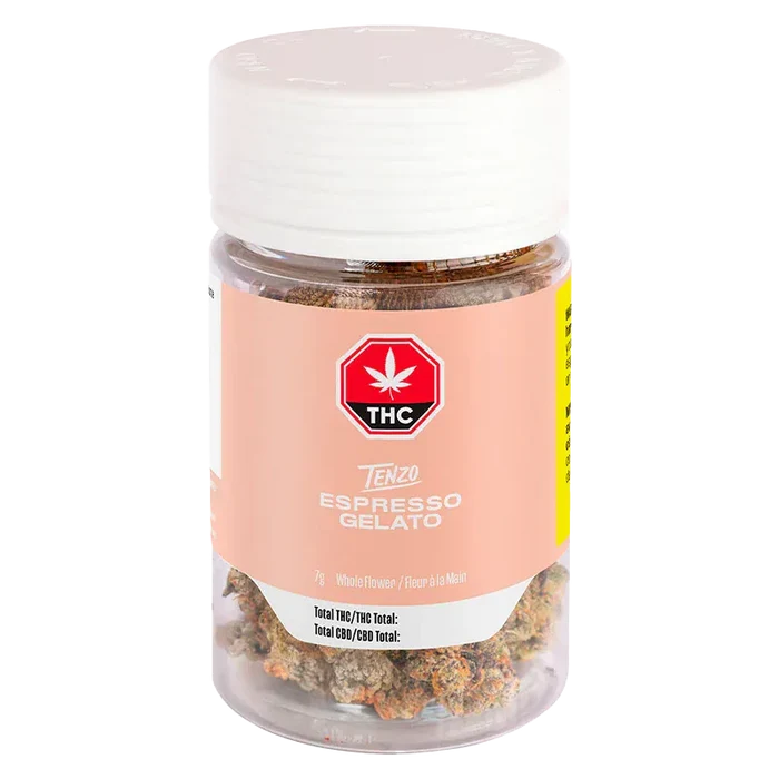 Front view of a clear jar labeled Tenzo Espresso Gelato showing cannabis buds through a peach label and white cap on a white background