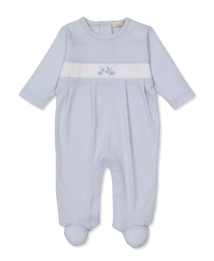 Kissy Kissy Hand Embroidered Premier Footie in Blue Springtime Bunny Fun