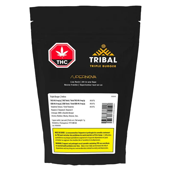 Front-facing shot of the black pouch packaging for Tribal Triple Burger SuperNova Live Resin Disposable Vape showing logo, THC symbol, and label.