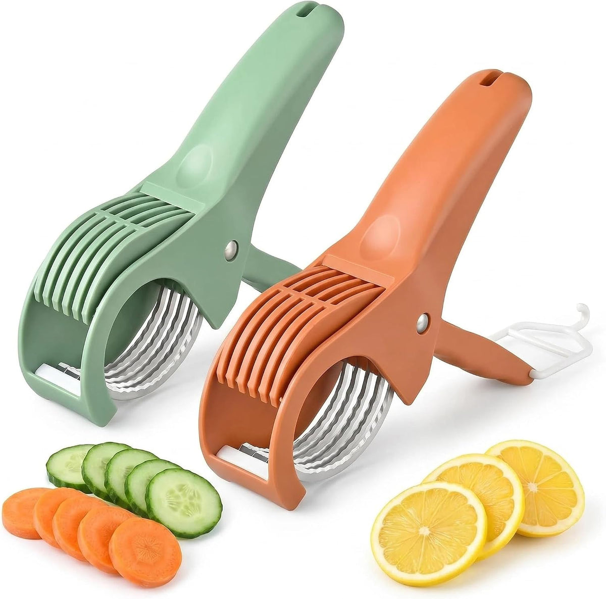 Multifunctional Fruit and Vegetable Slicer with Stainless Steel Blades, Press & Cut, for Cucumber, Carrot, Banana, Sausage, 2 Pack