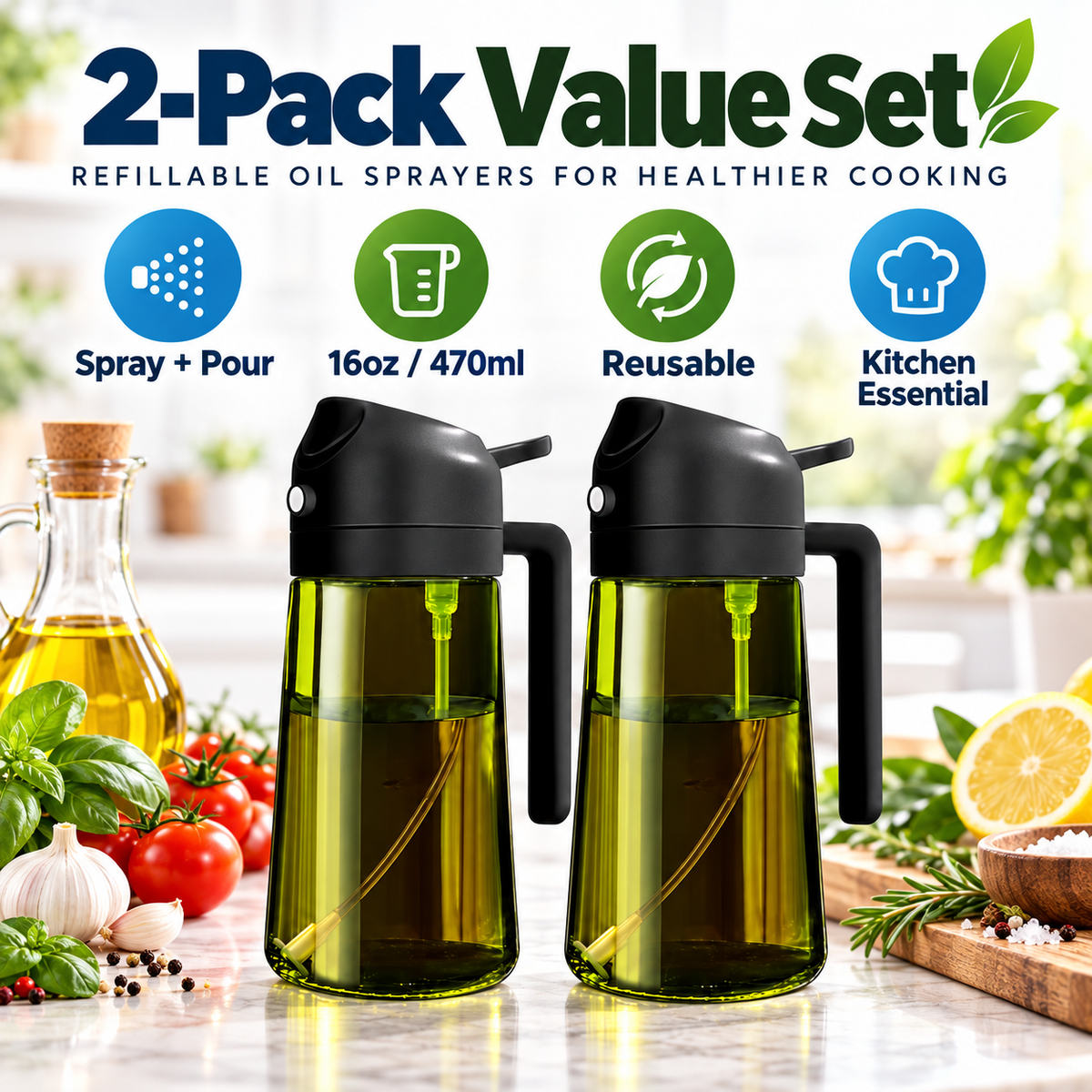 2-Pack 16oz Light-Blocking Dark Green Glass Oil Sprayer & Dispenser – 2-in-1 Refillable Food-Grade Mister with Precise Nozzle for Air Fryer, BBQ & Even Coating