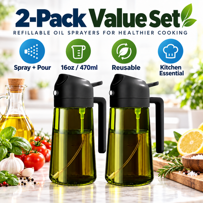2-Pack 16oz Light-Blocking Dark Green Glass Oil Sprayer & Dispenser – 2-in-1 Refillable Food-Grade Mister with Precise Nozzle for Air Fryer, BBQ & Even Coating