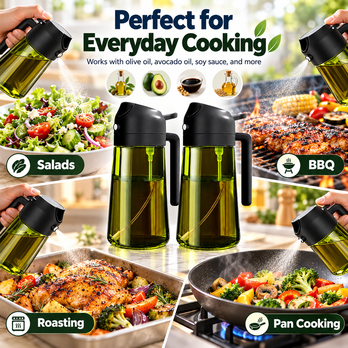 2-Pack 16oz Light-Blocking Dark Green Glass Oil Sprayer & Dispenser – 2-in-1 Refillable Food-Grade Mister with Precise Nozzle for Air Fryer, BBQ & Even Coating