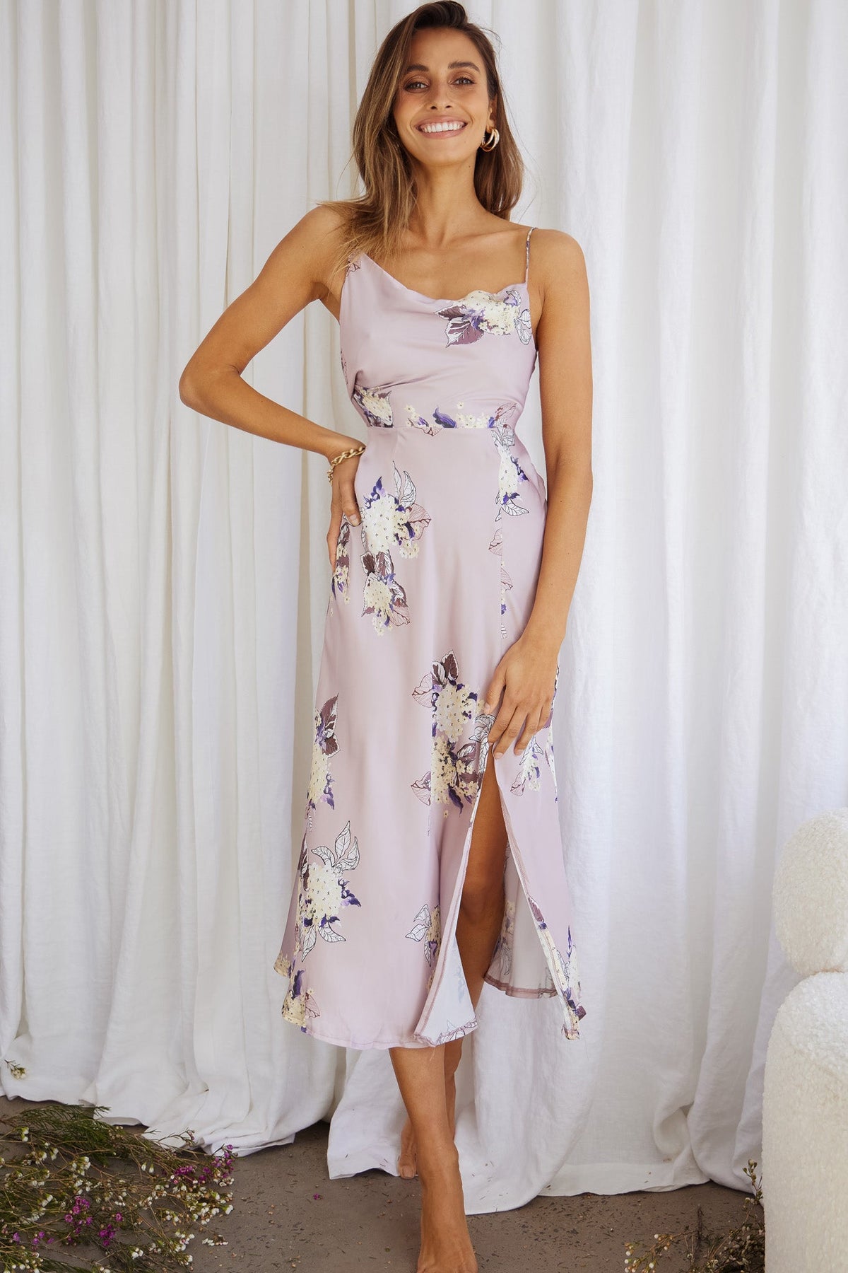 Suki Front Split Midi Dress Hydrangea Print Pink
