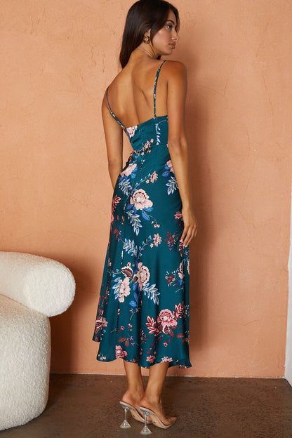 Suki Front Split Midi Dress Oriental Floral Print Forest Green