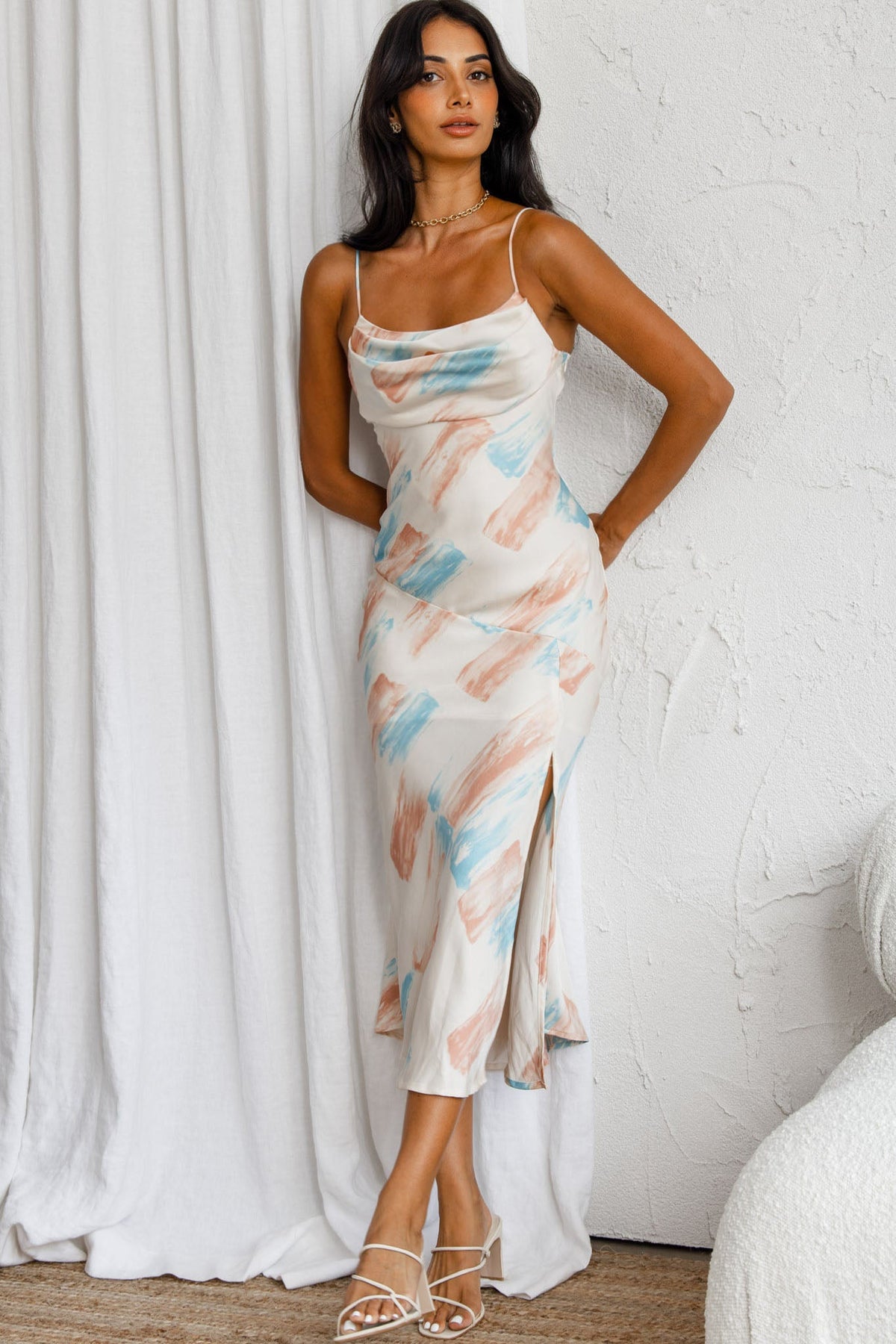 Well Versed Pleated Bust Front Split Dress Paint Print Pink/Aqua