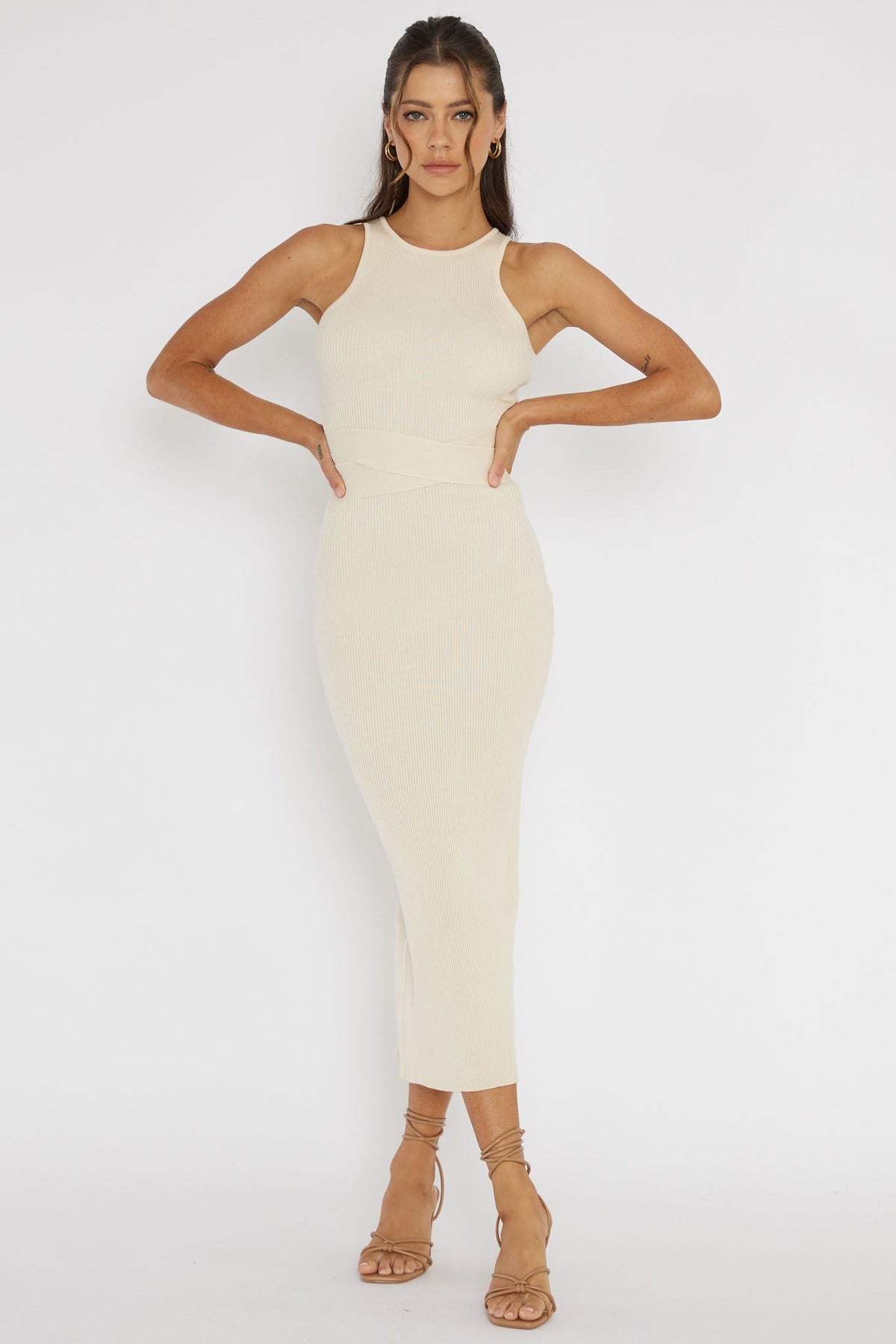 Charmed Me Ribbed Knit Midi Dress Cream