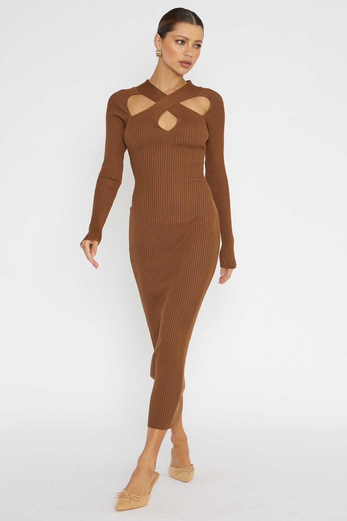 One Mind Cut-Out Neckline Knit Midi Dress Chocolate