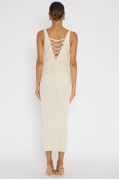 Linzi Lace-Up Back Knit Midi Dress Cream