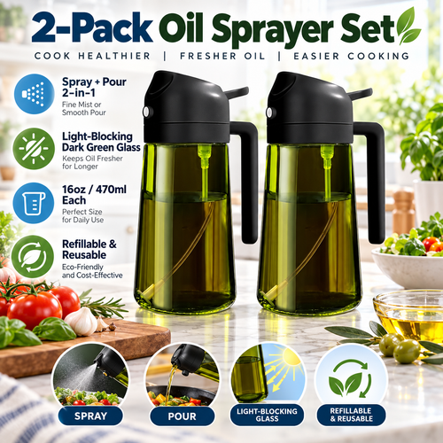 2-Pack 16oz Light-Blocking Dark Green Glass Oil Sprayer & Dispenser – 2-in-1 Refillable Food-Grade Mister with Precise Nozzle for Air Fryer, BBQ & Even Coating