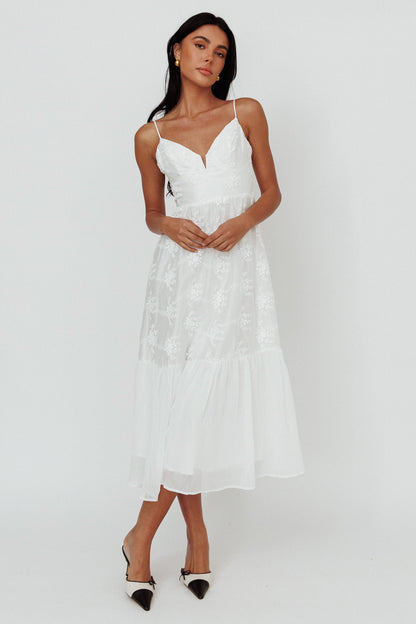 Lake Como Floral Embroidered Midi Dress White