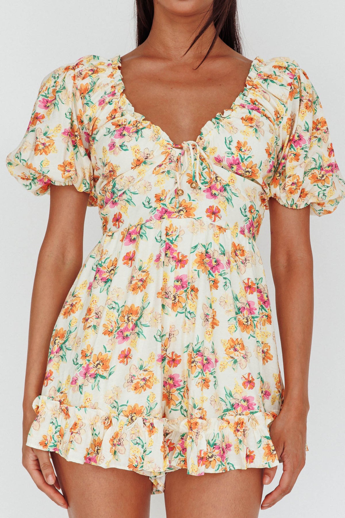 Costa Rica Puff Sleeve Romper Floral Beige
