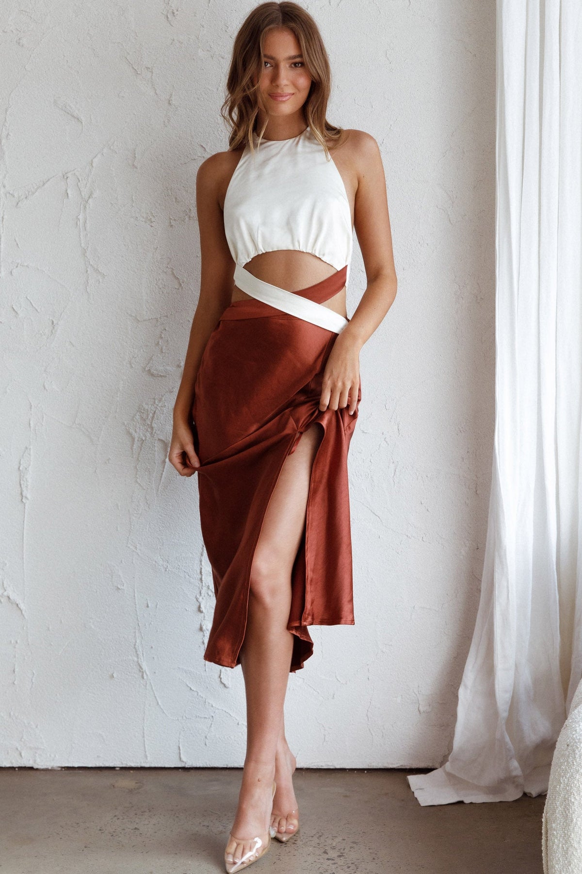 Social Butterfly Cut-Out Waist Midi Dress White Brown