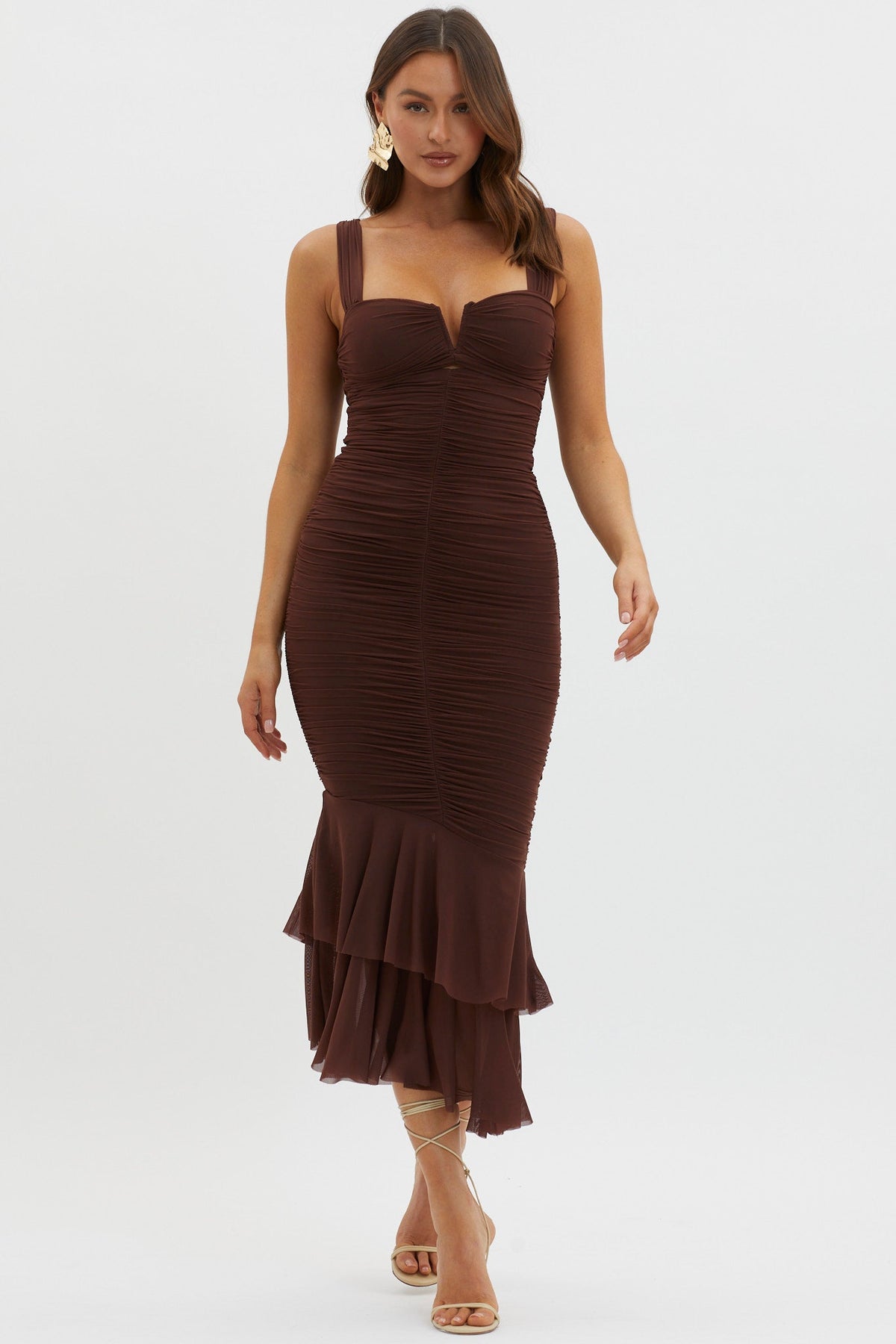 Nadia Ruched Fishtail Maxi Dress Chocolate