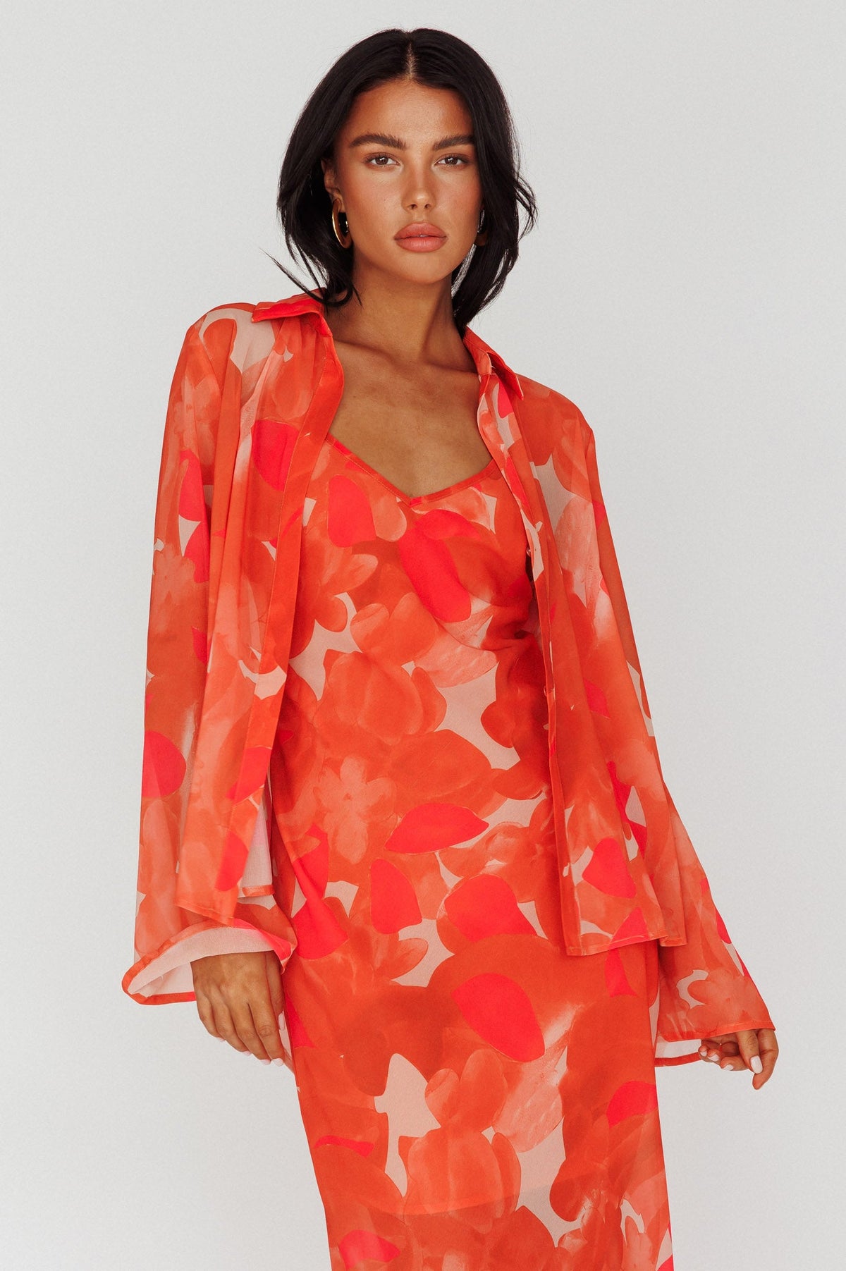 Stasi Flared Cuff Long Sleeve Shirt Floral Orange