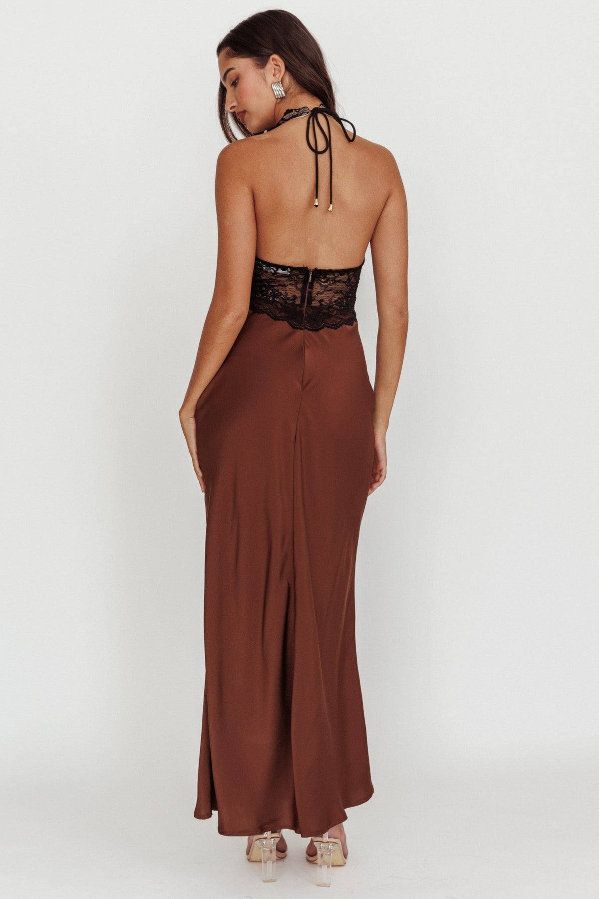 Rarity Satin Lace Halterneck Maxi Dress Coffee