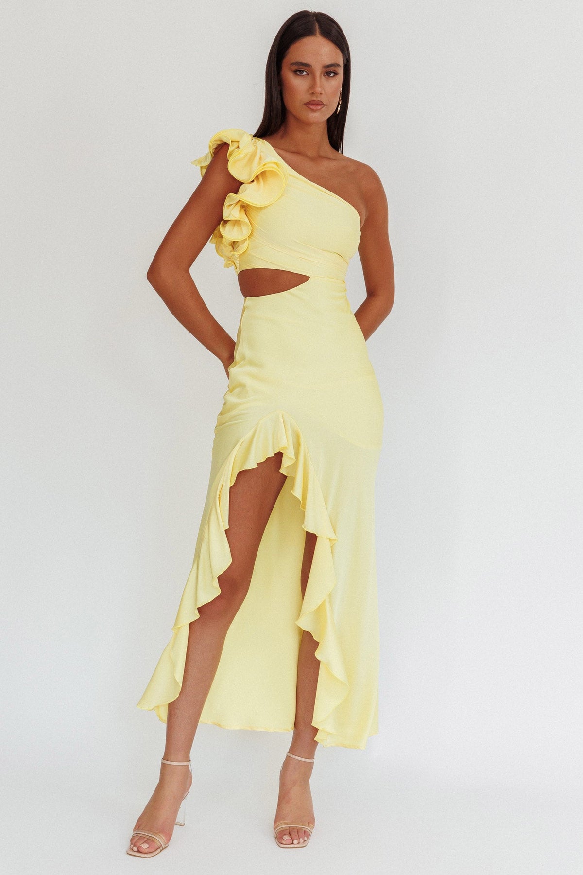 Deanna One-Shoulder Split Maxi Dress Yellow