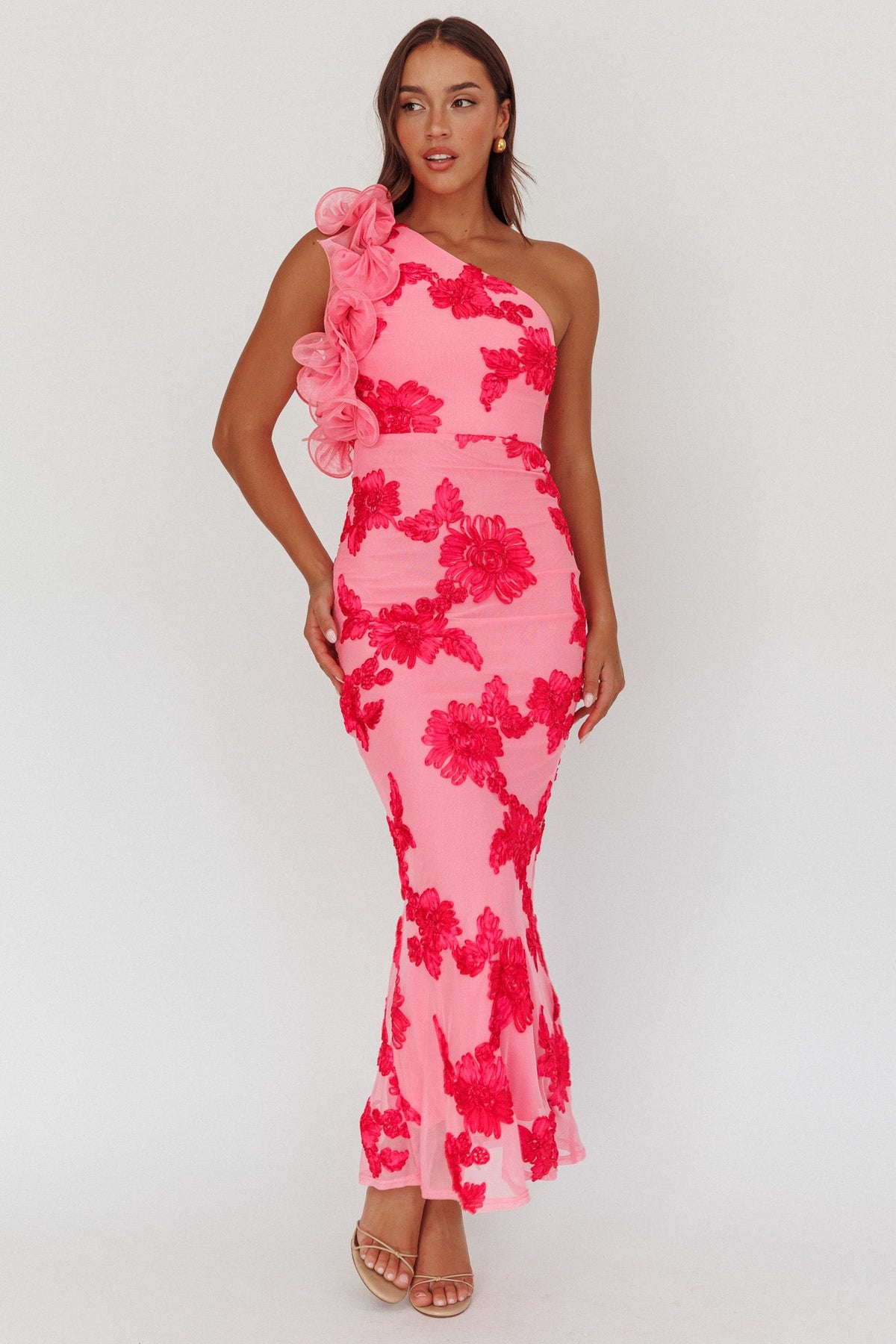 Deanna One-Shoulder Ruffle Maxi Dress Floral Pink