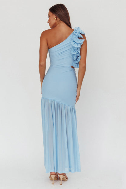 Deanna One-Shoulder Sheer Hem Maxi Dress Blue