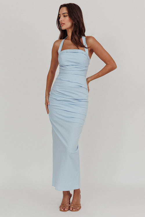 Scout Halterneck Ruched Maxi Dress Blue