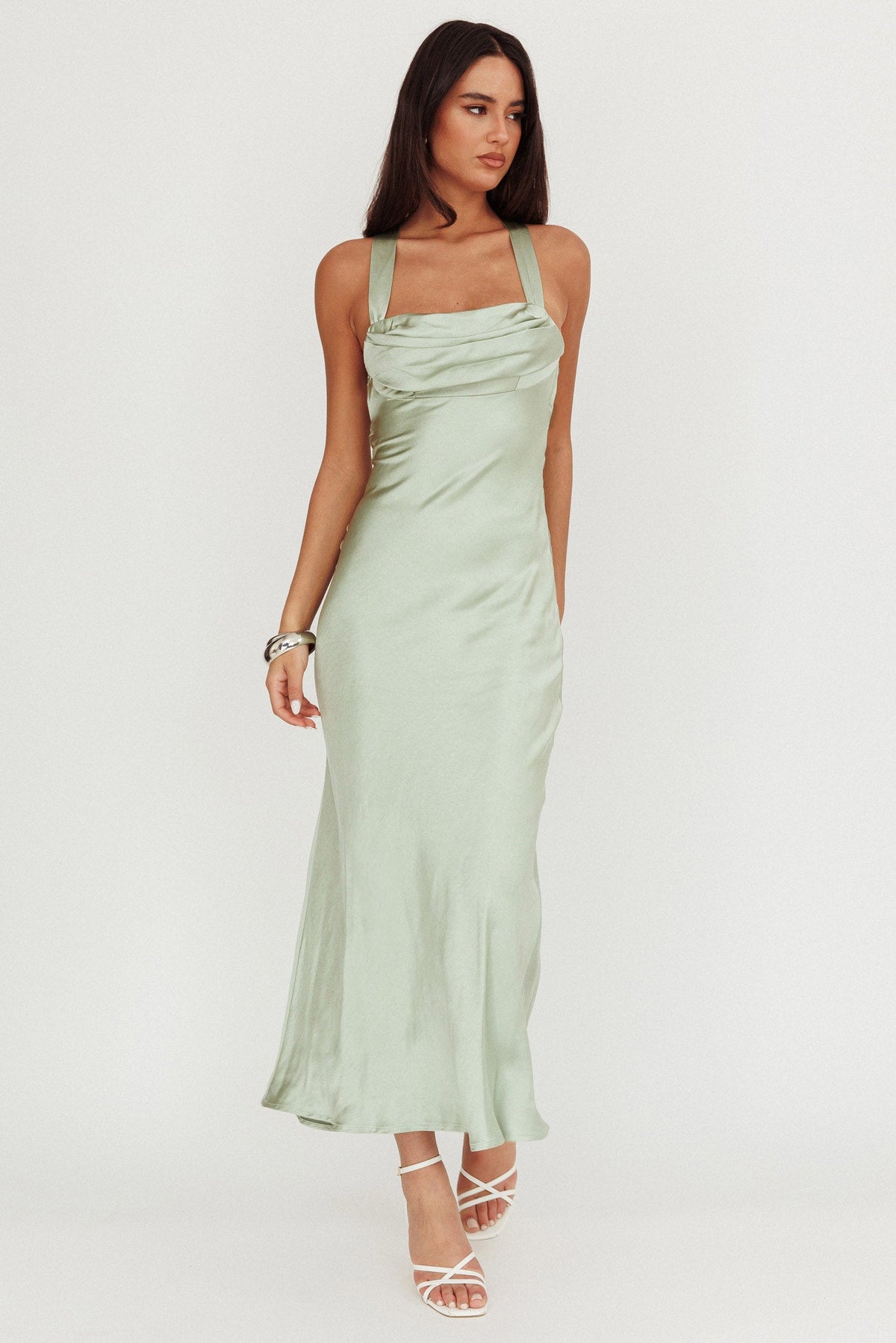Favorite Part Crossover Back Satin Maxi Dress Sage