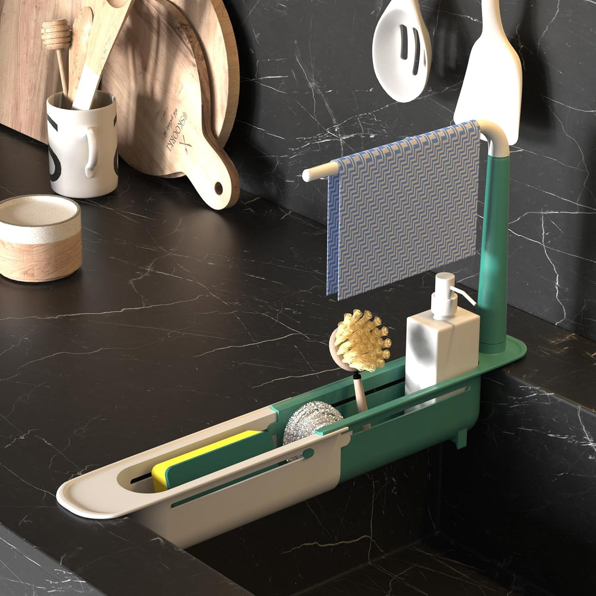 Telescopic Sink Organizer Rack with Towel Bar – Adjustable Over-Sink Caddy for Sponges & Cleaning Supplies