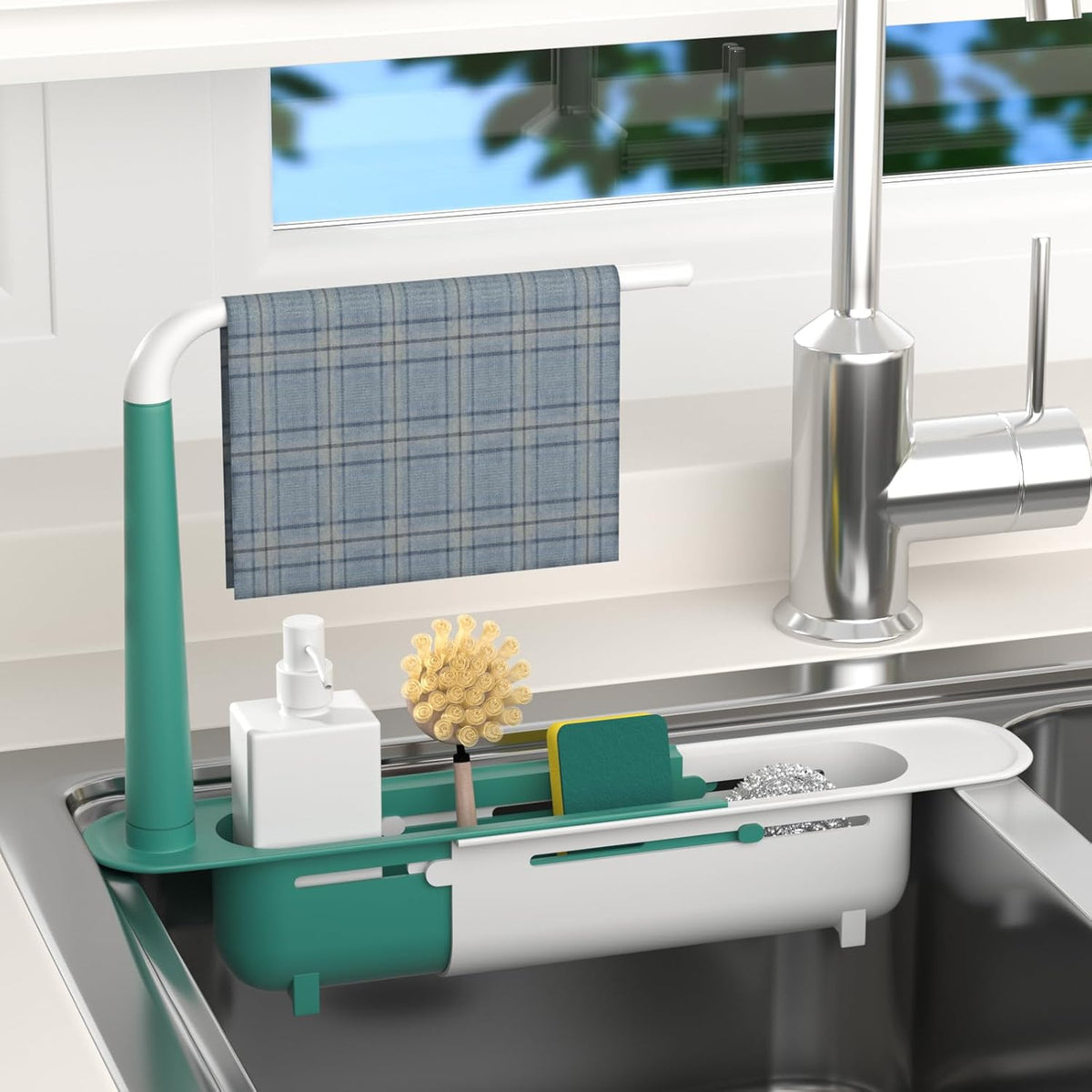 Telescopic Sink Organizer Rack with Towel Bar – Adjustable Over-Sink Caddy for Sponges & Cleaning Supplies