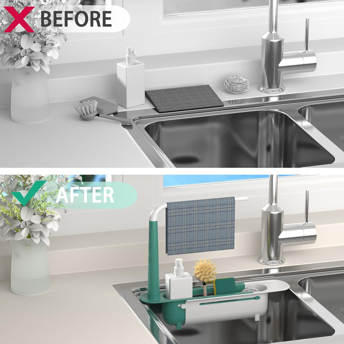 Telescopic Sink Organizer Rack with Towel Bar – Adjustable Over-Sink Caddy for Sponges & Cleaning Supplies