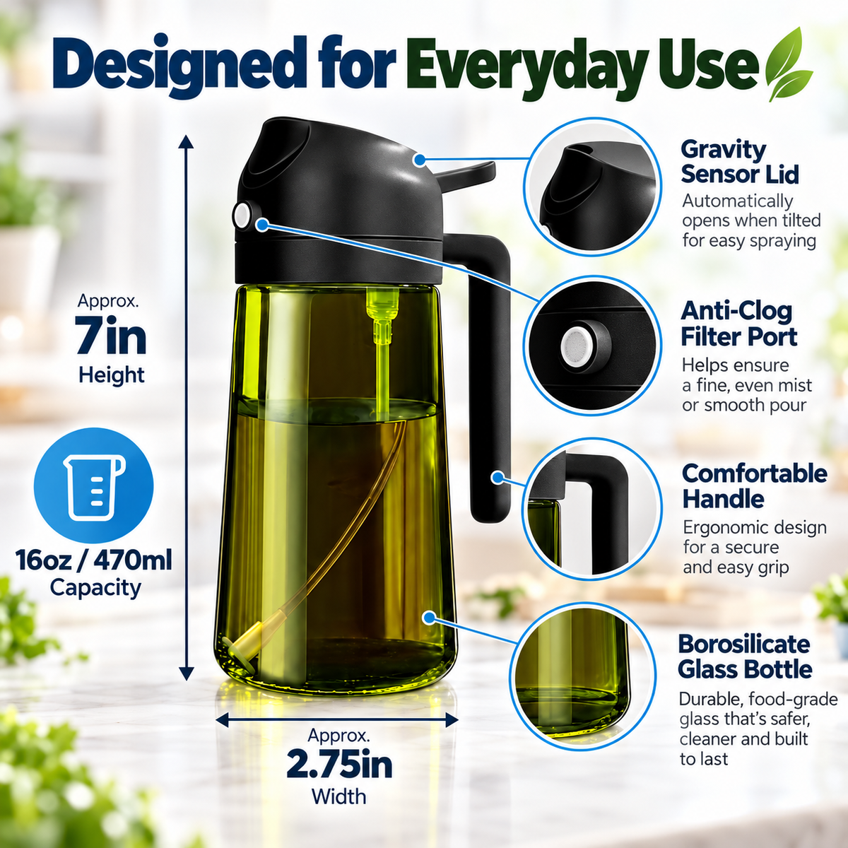 2-Pack 16oz Light-Blocking Dark Green Glass Oil Sprayer & Dispenser – 2-in-1 Refillable Food-Grade Mister with Precise Nozzle for Air Fryer, BBQ & Even Coating