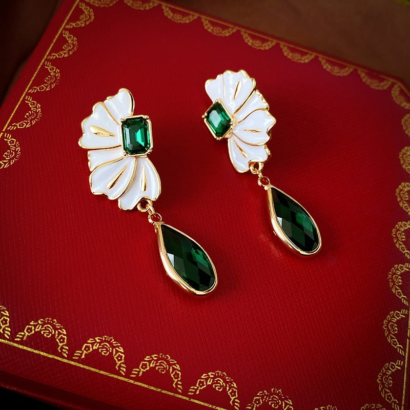Oil Dripping Flower Emerald Water Drop Earrings