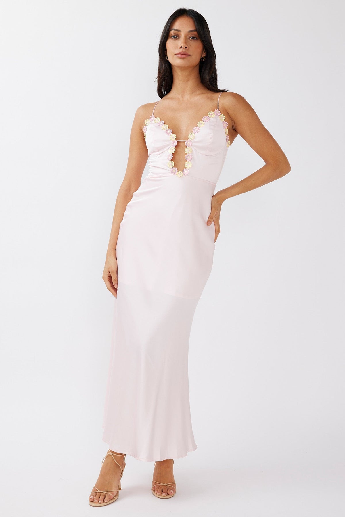 Honeysuckle Floral Neckline Midi Dress Pink