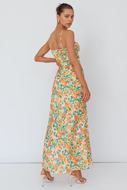 Solstice Noon Tied Bust Midi Dress Print Orange