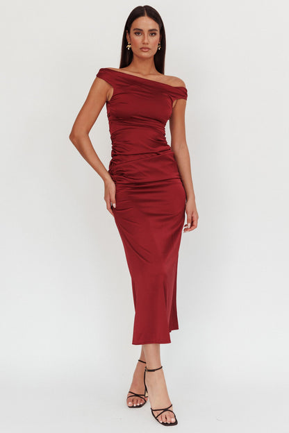 In Blooms Off Shoulder Satin Maxi Dress Wine