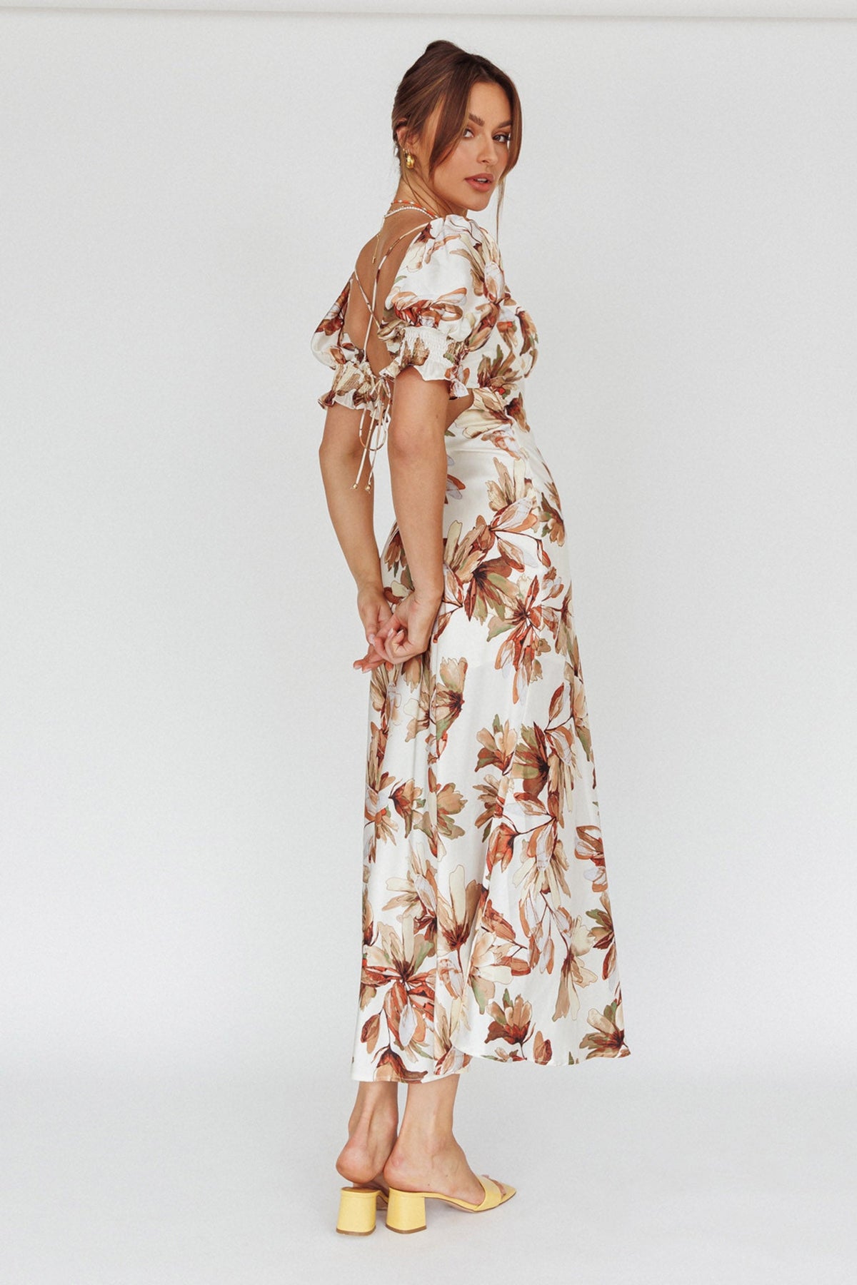 Brigita Tied Back Midi Dress Floral Brown