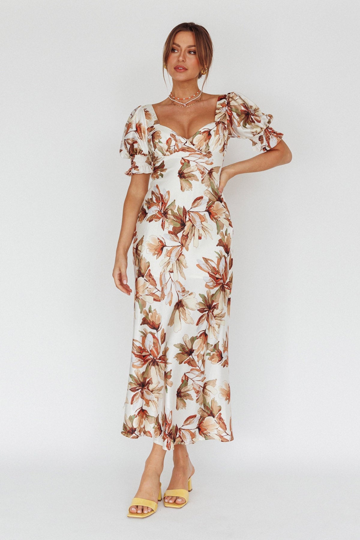 Brigita Tied Back Midi Dress Floral Brown