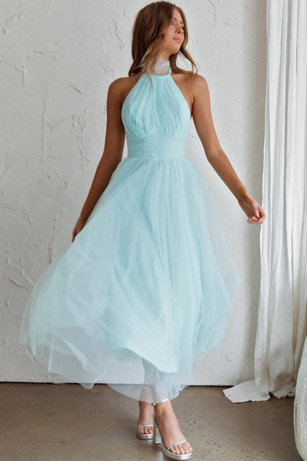 Andria Halterneck Tulle Midi Dress Mint