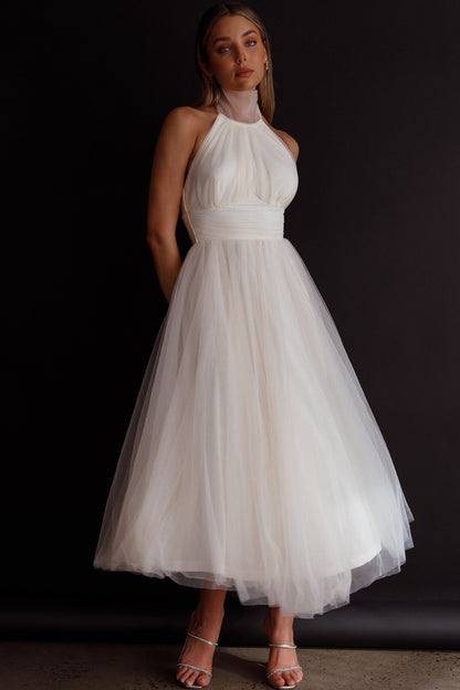 Andria Halterneck Tulle Midi Dress Ivory