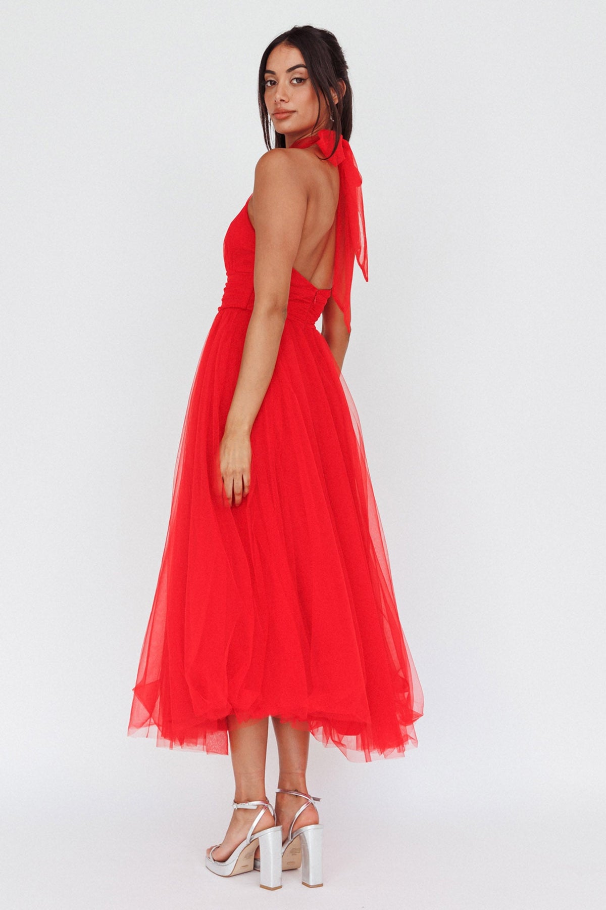 Andria Halterneck Tulle Midi Dress Red