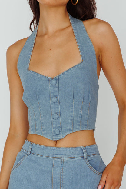 Zurich Halter Crop Top Denim Blue